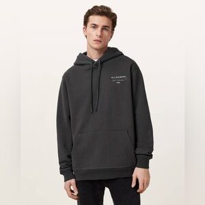All Saints Redact Pullover Embroidered Logo Hoodie in Washed Black, Size XS